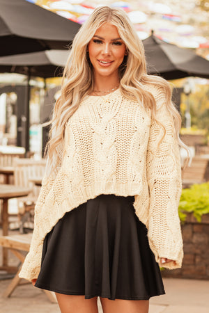 Cream V Neck Long Sleeve Cable Knit Sweater