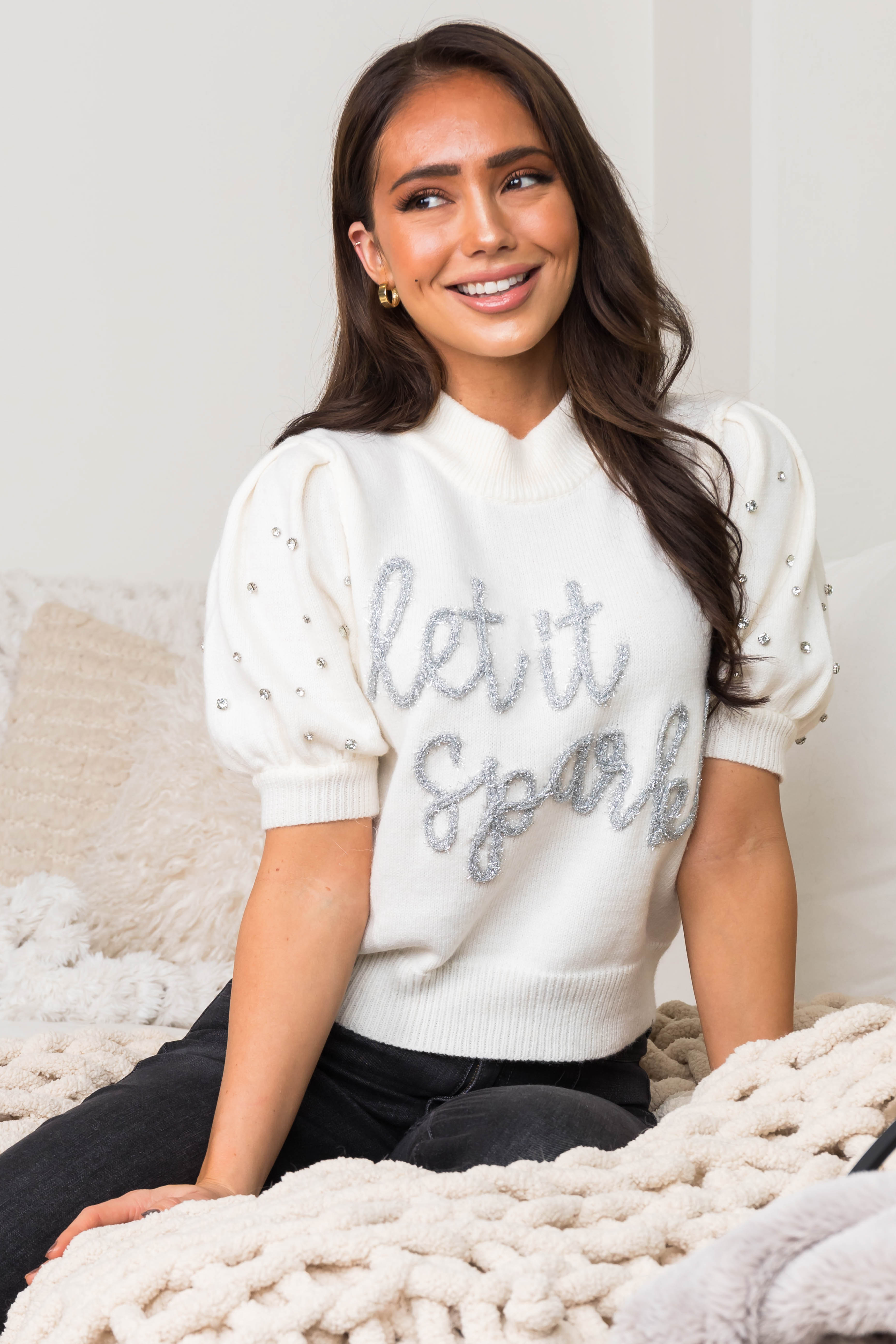 Cream 'Let It Sparkle' Short Puff Sleeve Sweater | Lime Lush