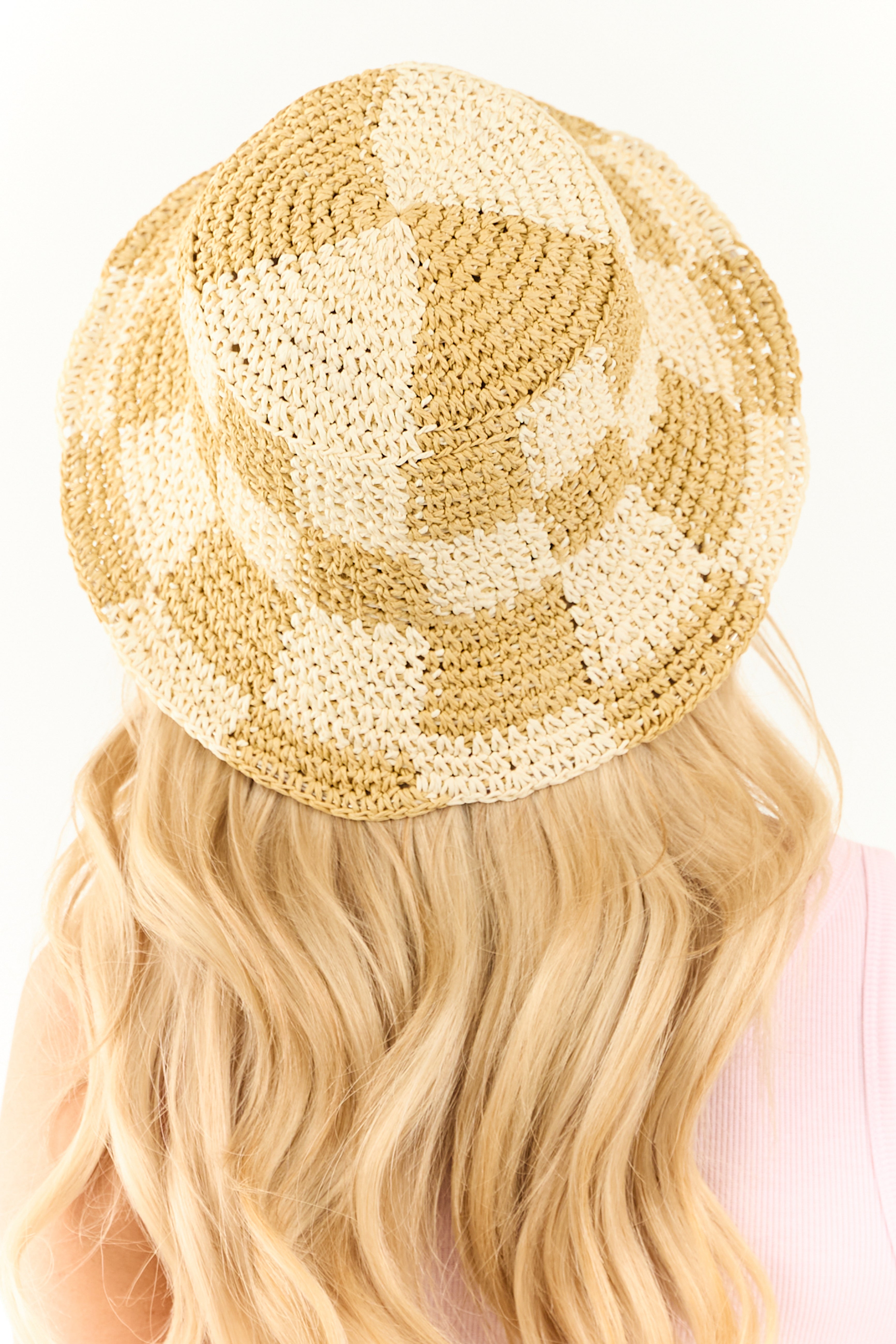 Cream and Sand Checkered Straw Bucket Hat