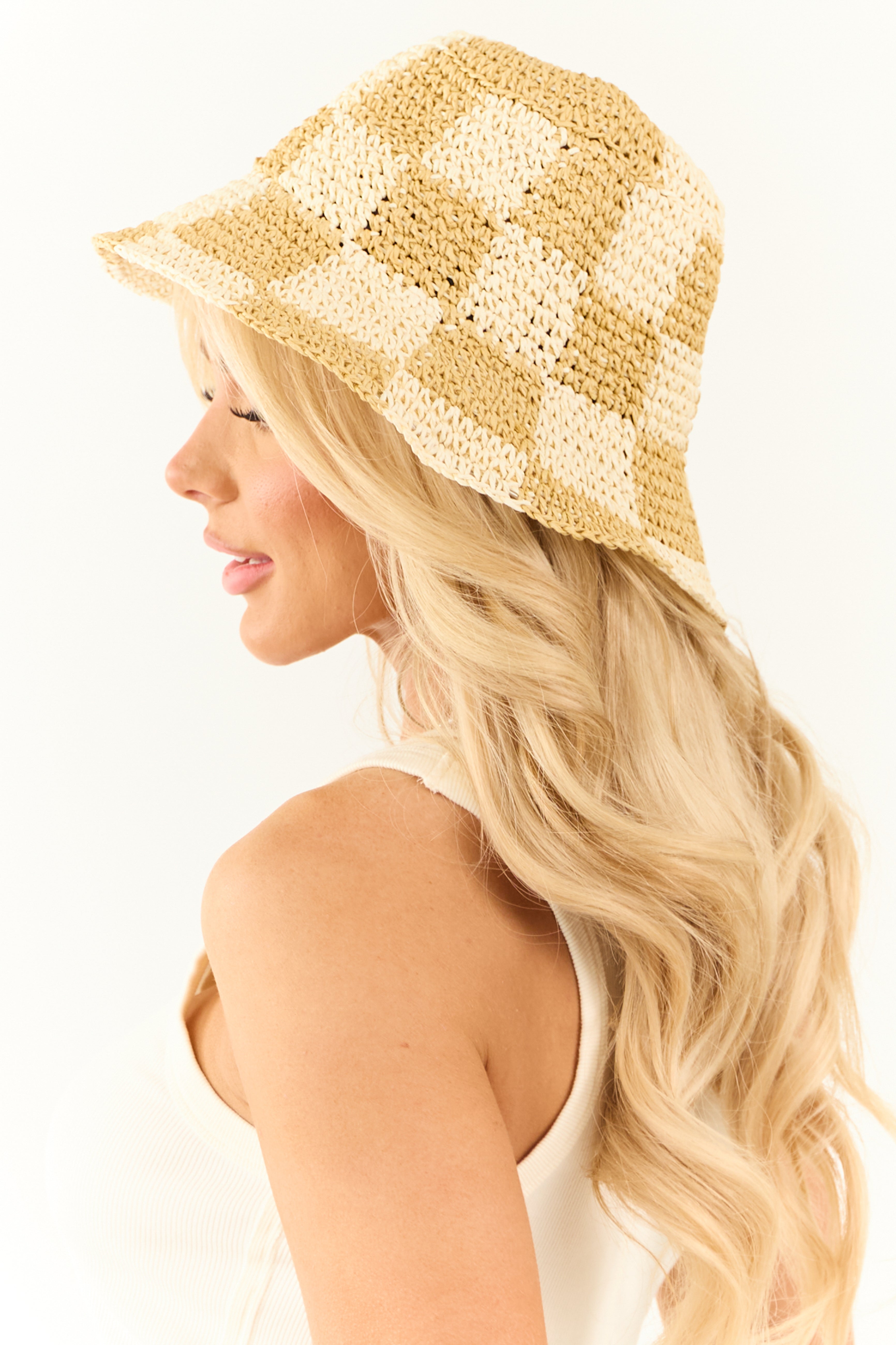 Cream and Sand Checkered Straw Bucket Hat