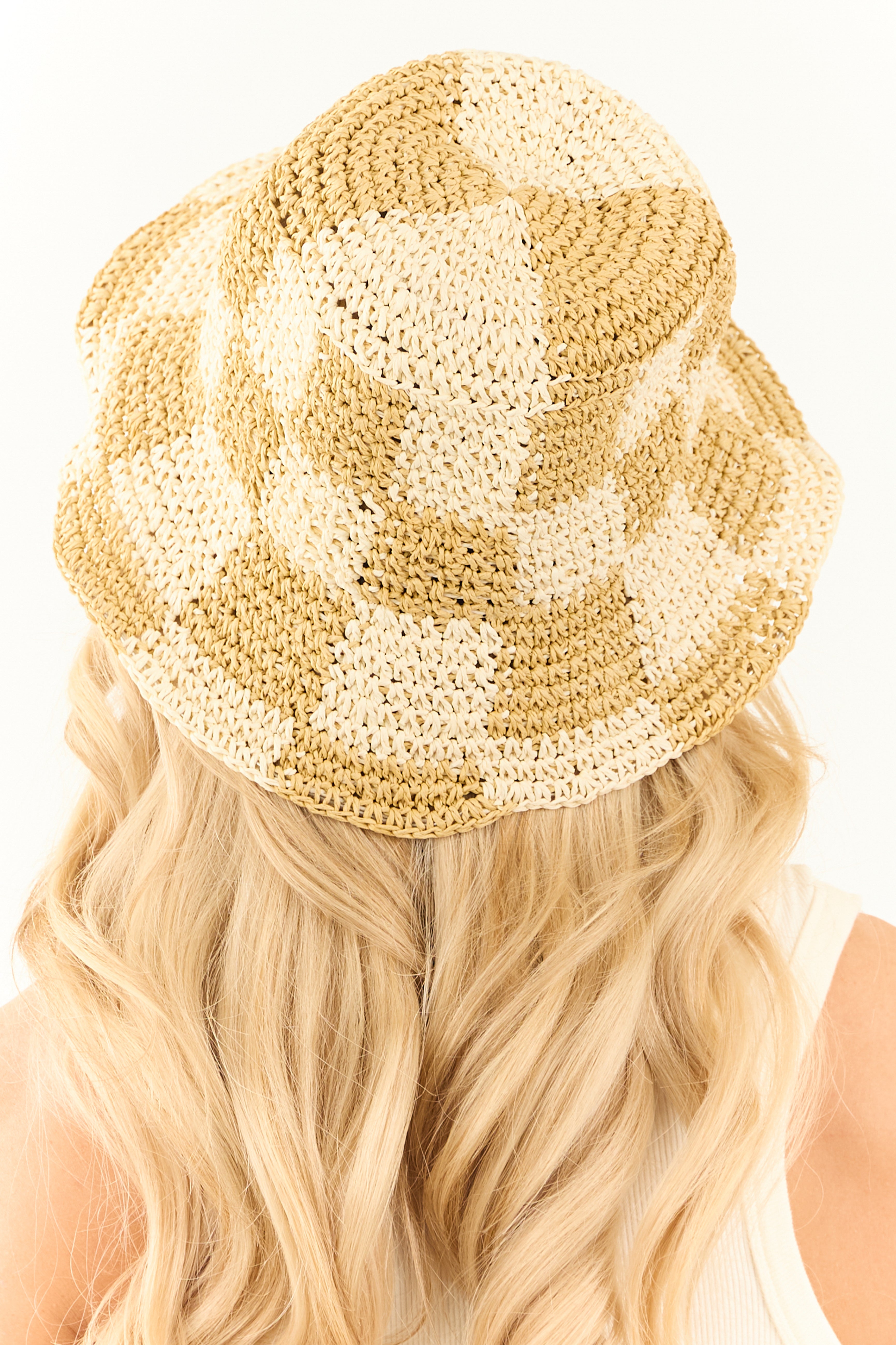 Cream and Sand Checkered Straw Bucket Hat