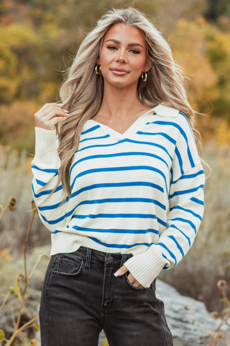 Cream and Sapphire Striped Collared V Neck Sweater