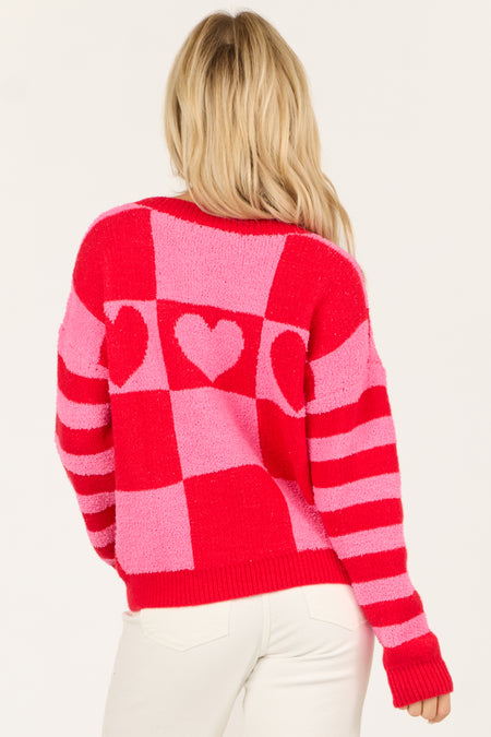 Crimson Checkered and Striped Heart Sweater