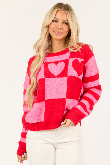 Crimson Checkered and Striped Heart Sweater