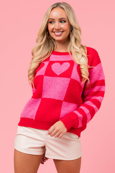 Crimson Checkered and Striped Heart Sweater