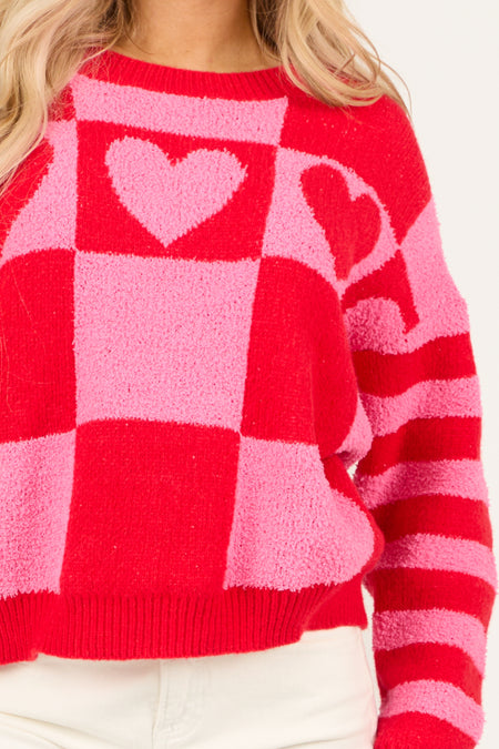 Crimson Checkered and Striped Heart Sweater