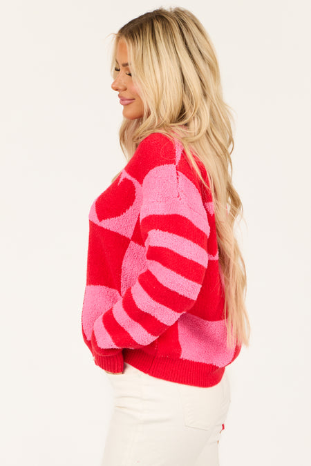 Crimson Checkered and Striped Heart Sweater