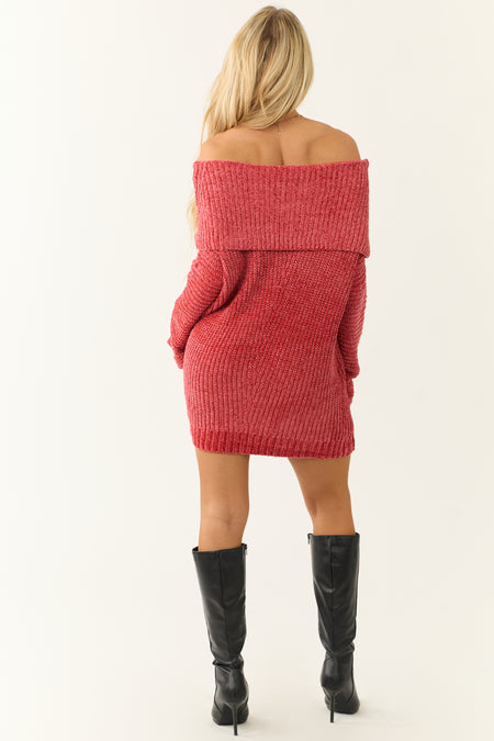 Brick Off Shoulder Chenille Tunic Sweater Dress