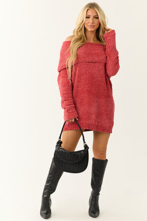 Brick Off Shoulder Chenille Tunic Sweater Dress