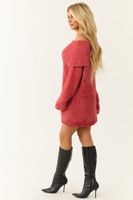 Brick Off Shoulder Chenille Tunic Sweater Dress