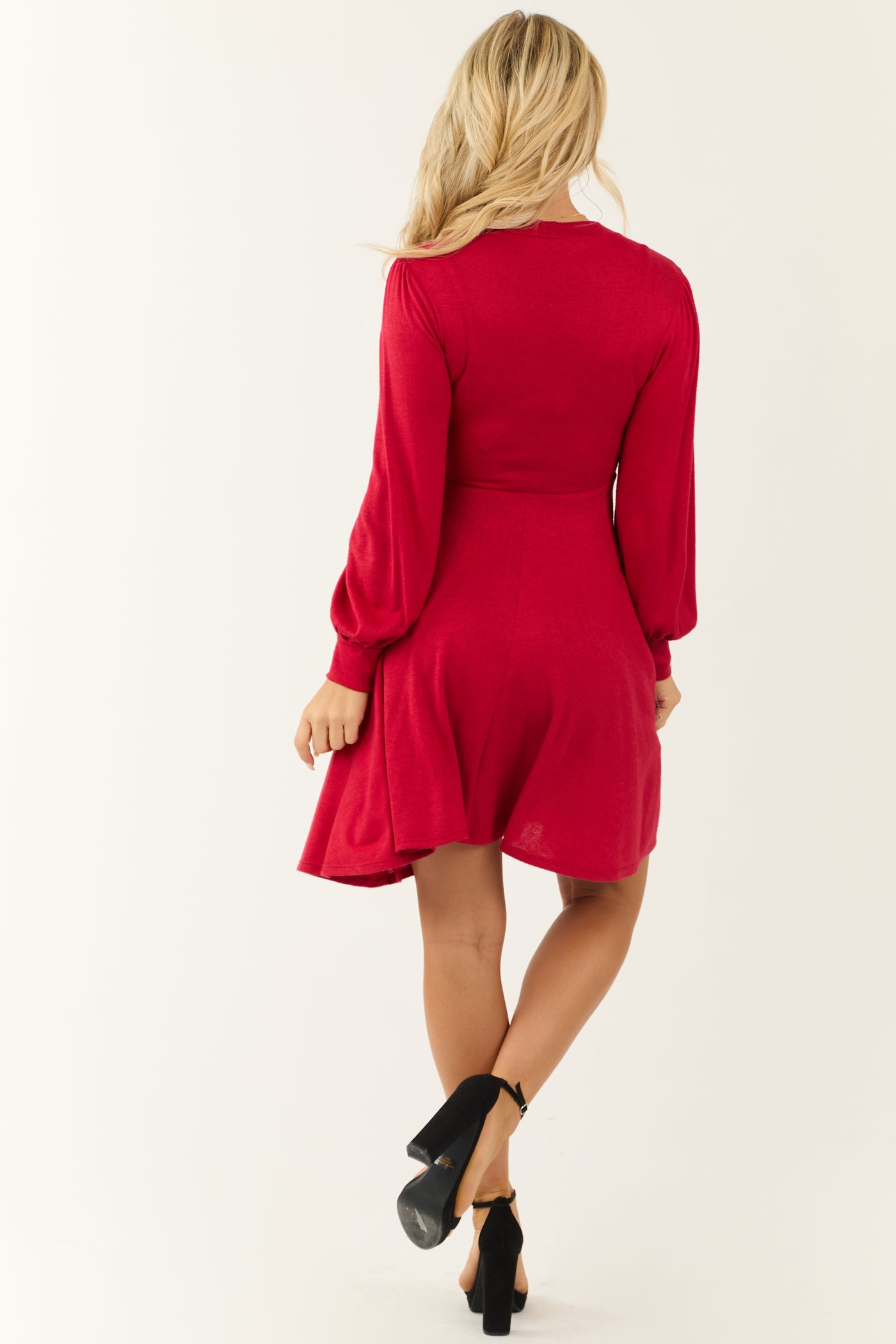 Crimson Hacci Knit Long Sleeve Flared Swing Dress