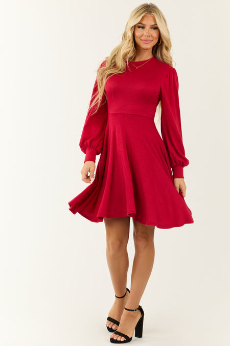 Crimson Hacci Knit Long Sleeve Flared Swing Dress