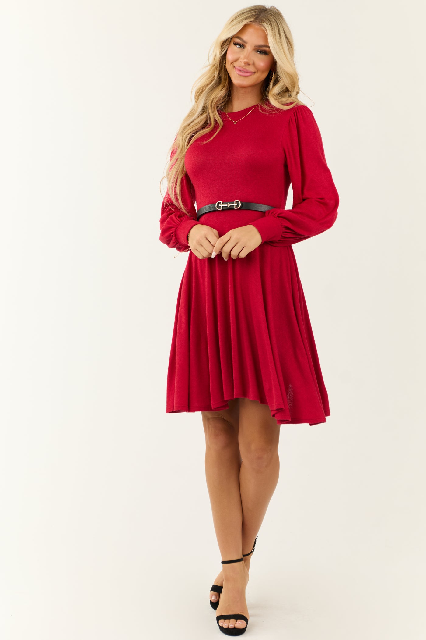 Crimson Hacci Knit Long Sleeve Flared Swing Dress