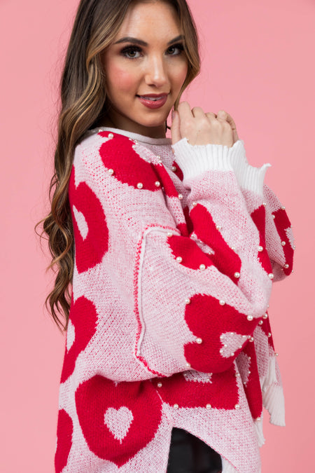 Crimson Heart Pattern with Pearl Detail Sweater