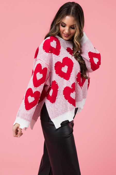 Crimson Heart Pattern with Pearl Detail Sweater