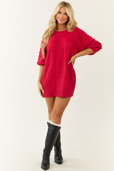 Crimson Long Balloon Sleeve Short Sweater Dress