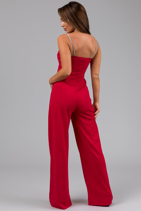 Crimson Rhinestone Strap Keyhole Waist Jumpsuit