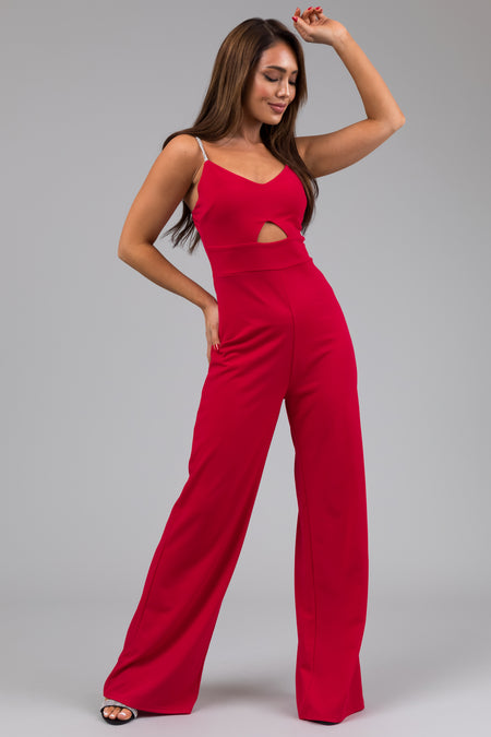 Crimson Rhinestone Strap Keyhole Waist Jumpsuit