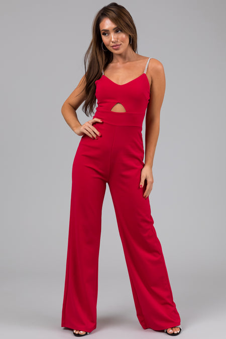 Crimson Rhinestone Strap Keyhole Waist Jumpsuit