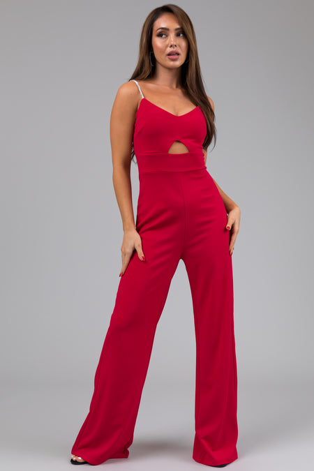 Crimson Rhinestone Strap Keyhole Waist Jumpsuit