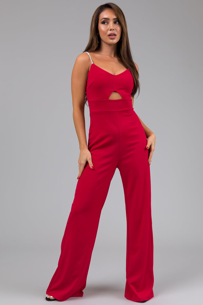 Crimson Rhinestone Strap Keyhole Waist Jumpsuit