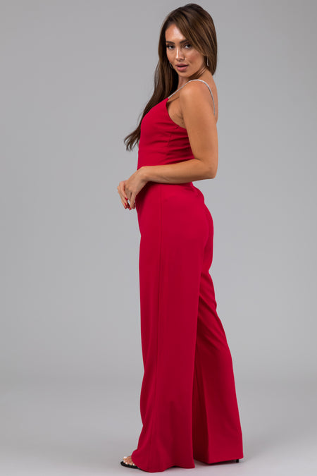 Crimson Rhinestone Strap Keyhole Waist Jumpsuit