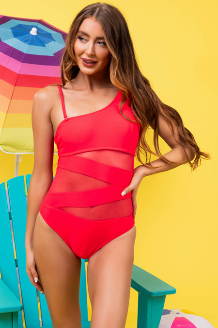 Crimson See Through Cut One Piece Swimsuit