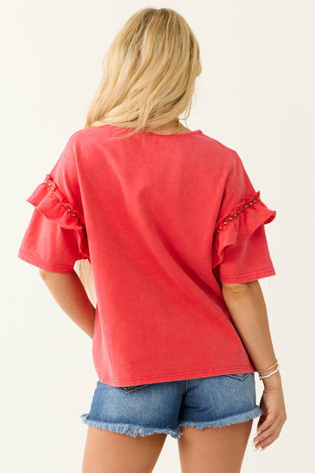 Crimson Studded Detail Half Ruffle Sleeve Top