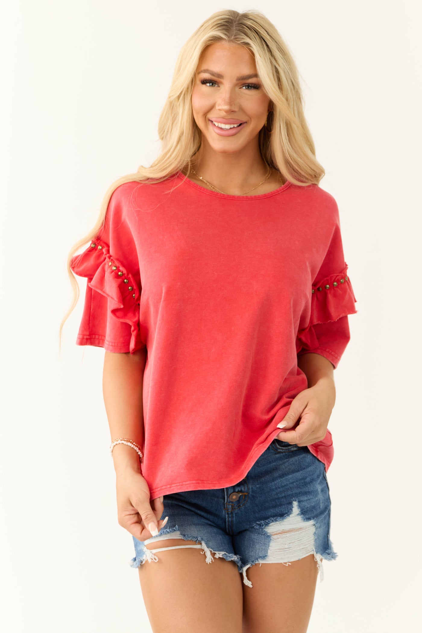 Crimson Studded Detail Half Ruffle Sleeve Top