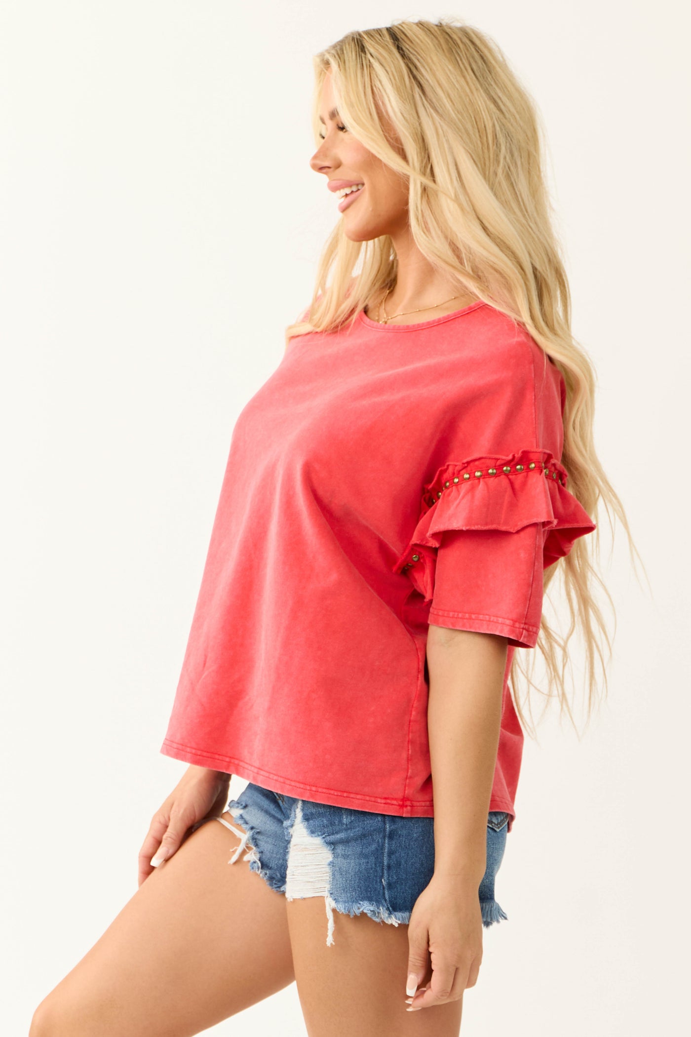 Crimson Studded Detail Half Ruffle Sleeve Top