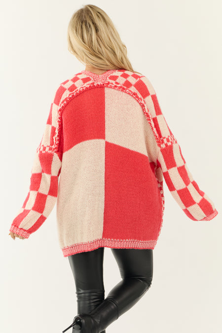 Crimson and Cream Checkered Open Front Cardigan