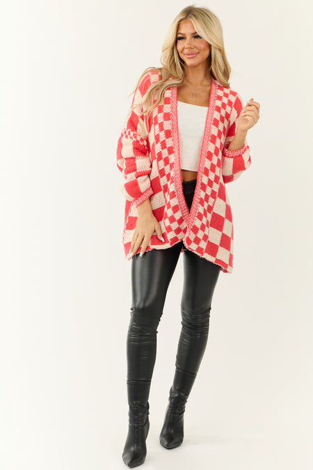 Crimson and Cream Checkered Open Front Cardigan