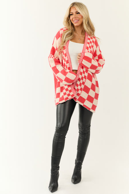 Crimson and Cream Checkered Open Front Cardigan