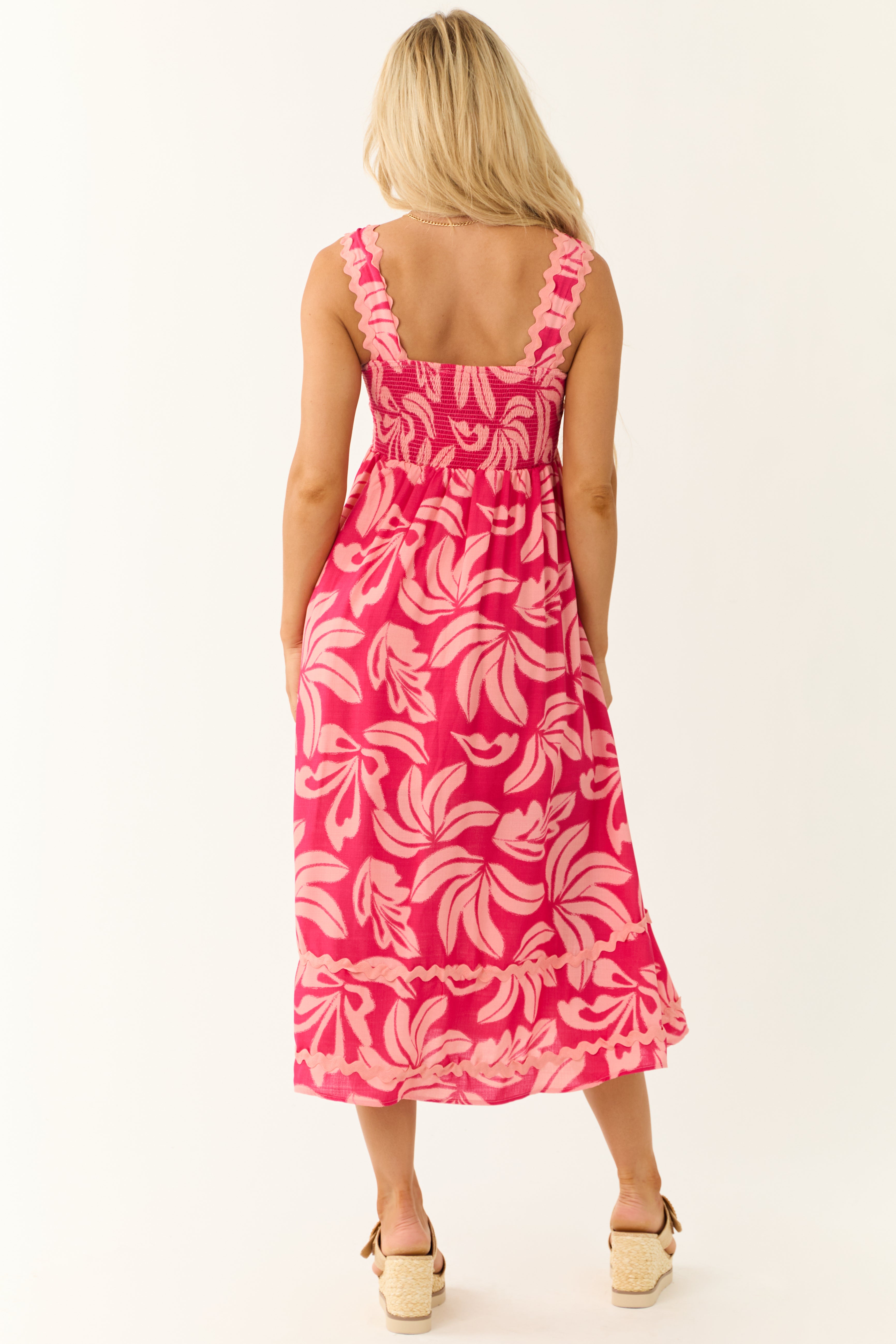 Crimson and Peach Tropical Leaf Print Midi Dress