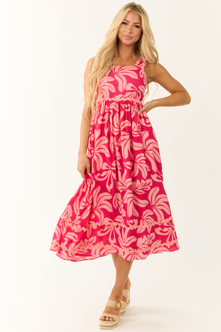 Crimson and Peach Tropical Leaf Print Midi Dress