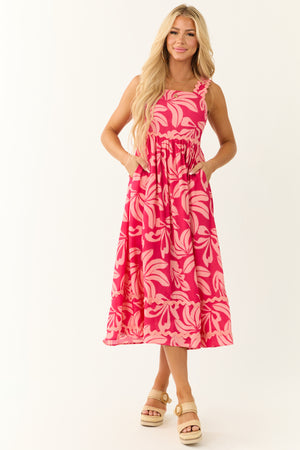 Crimson and Peach Tropical Leaf Print Midi Dress