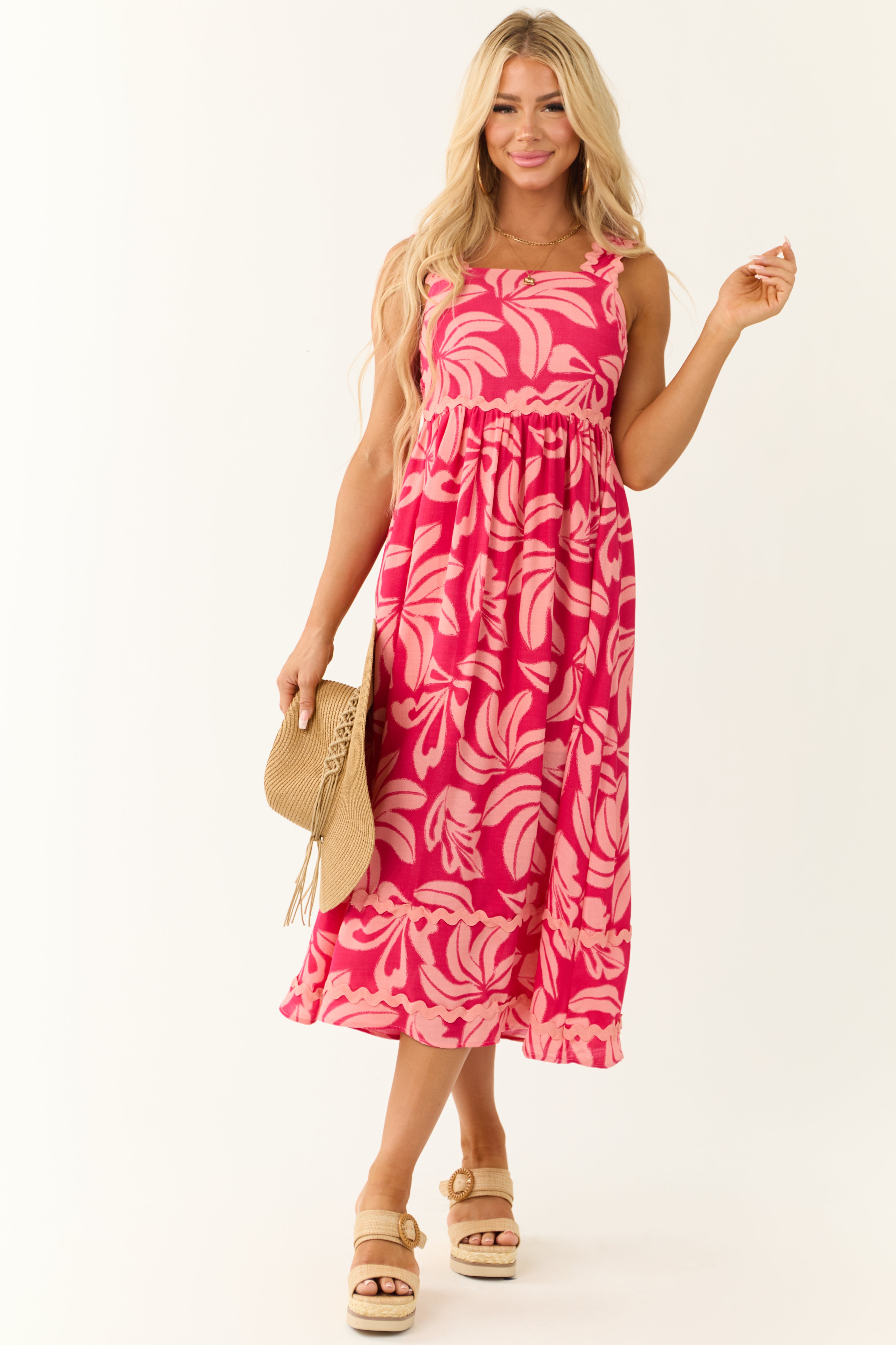 Crimson and Peach Tropical Leaf Print Midi Dress