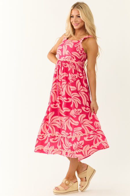 Crimson and Peach Tropical Leaf Print Midi Dress