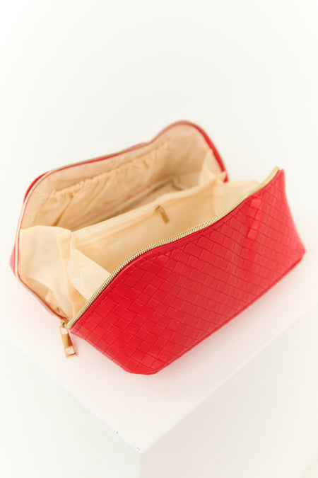 Crimson Braided Faux Leather Makeup Bag