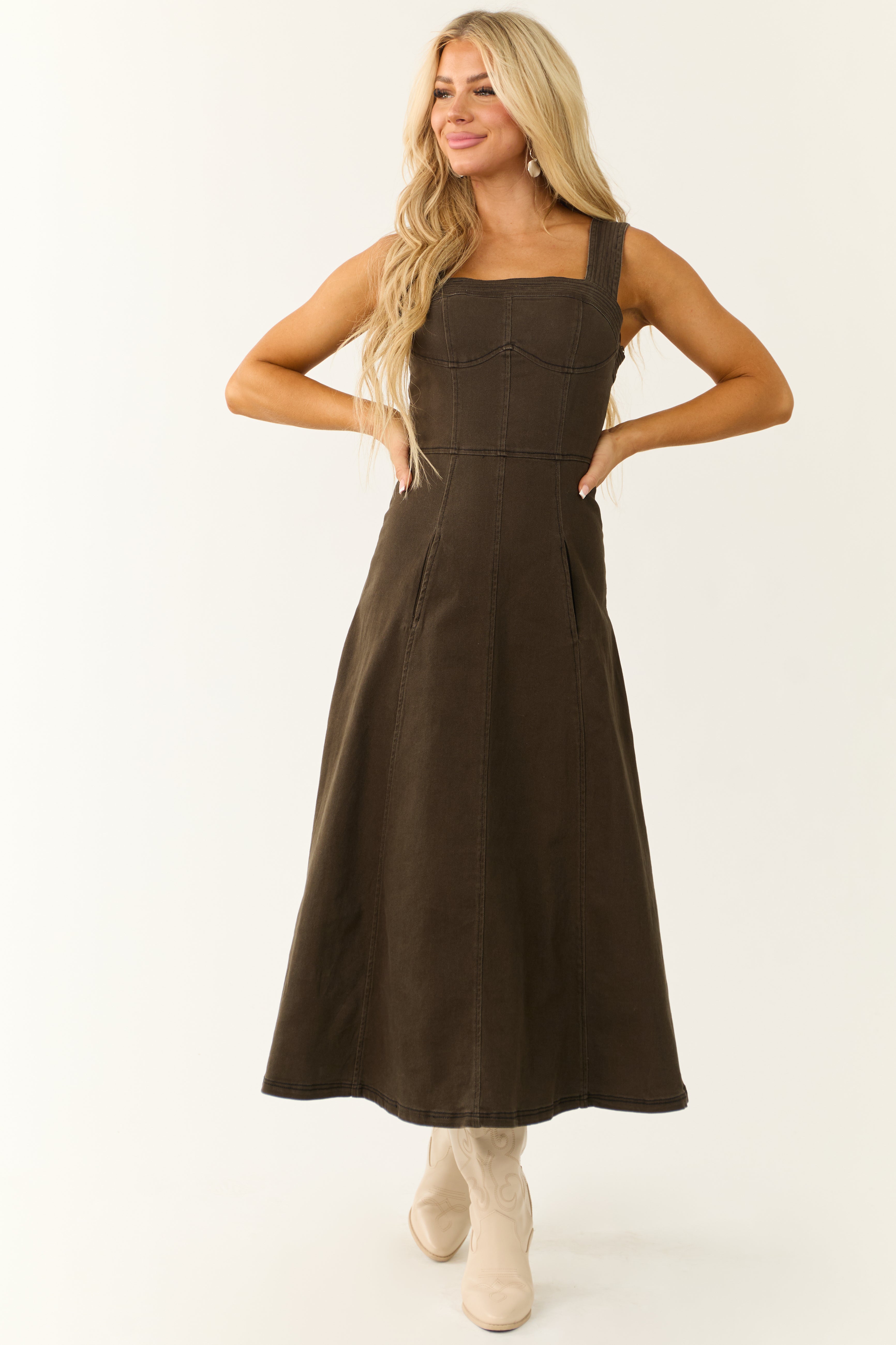 Dark Army Green Denim Thick Strap Midi Dress