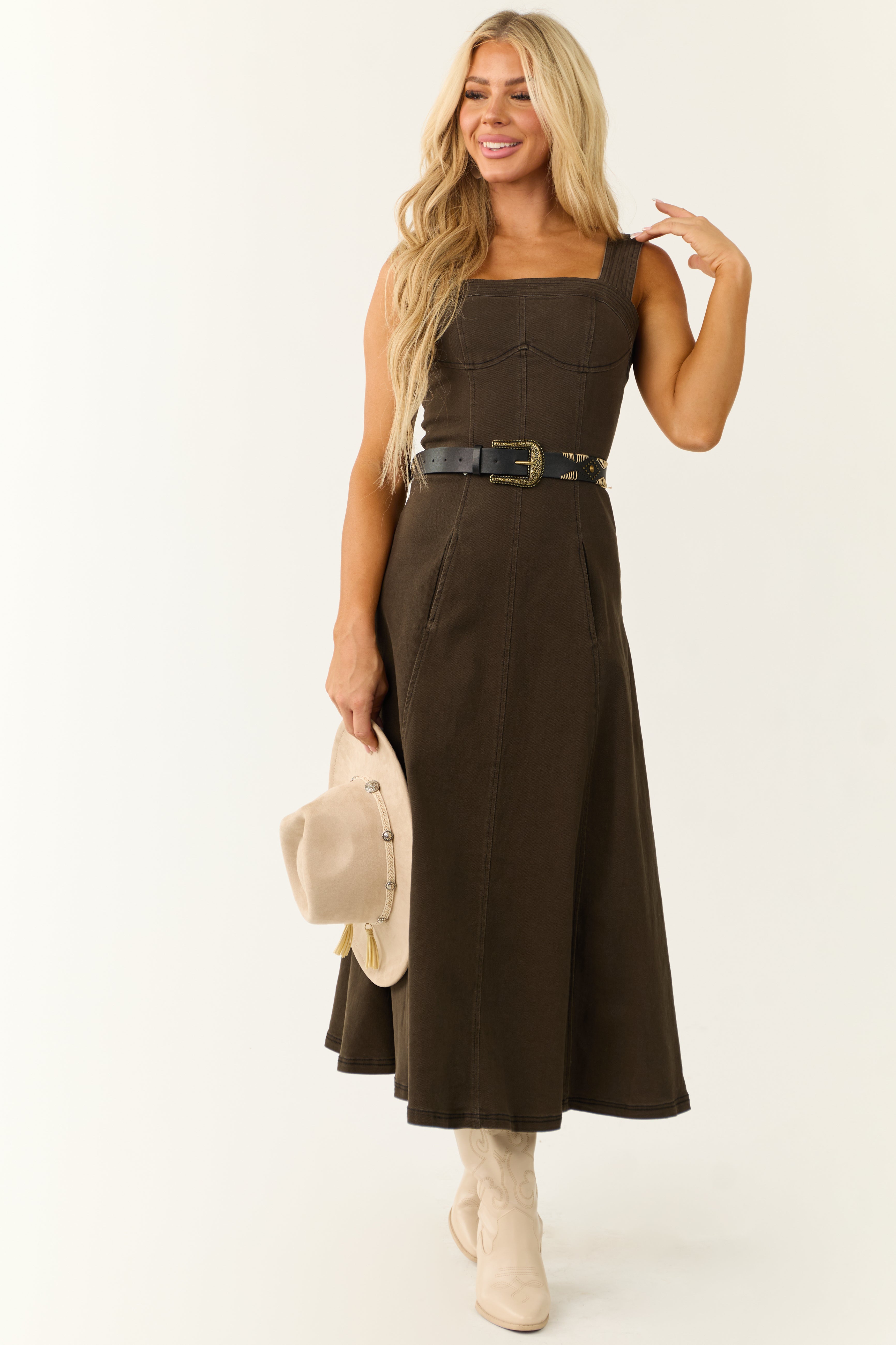 Dark Army Green Denim Thick Strap Midi Dress