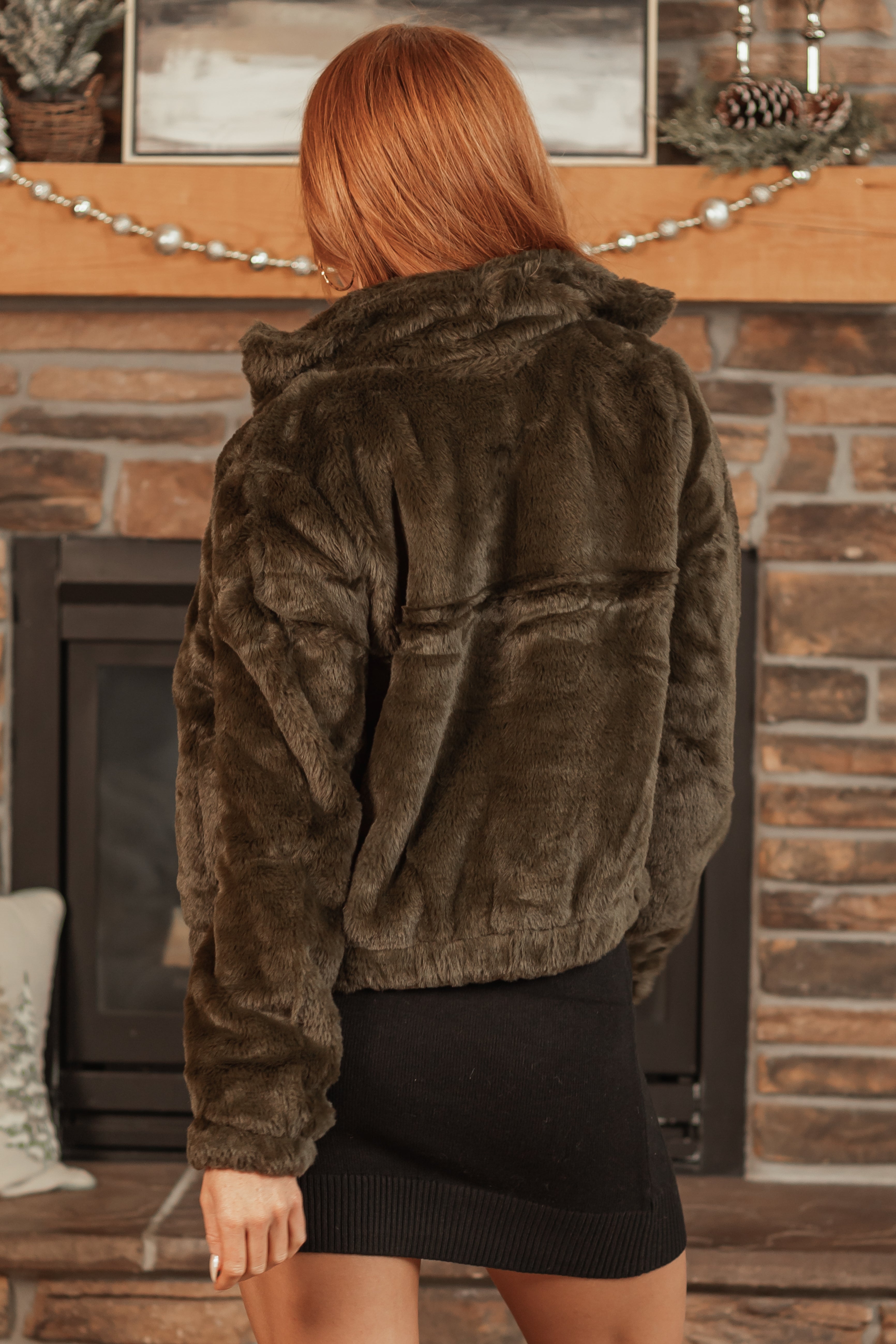 Dark Army Green Faux Fur Zip Up Jacket