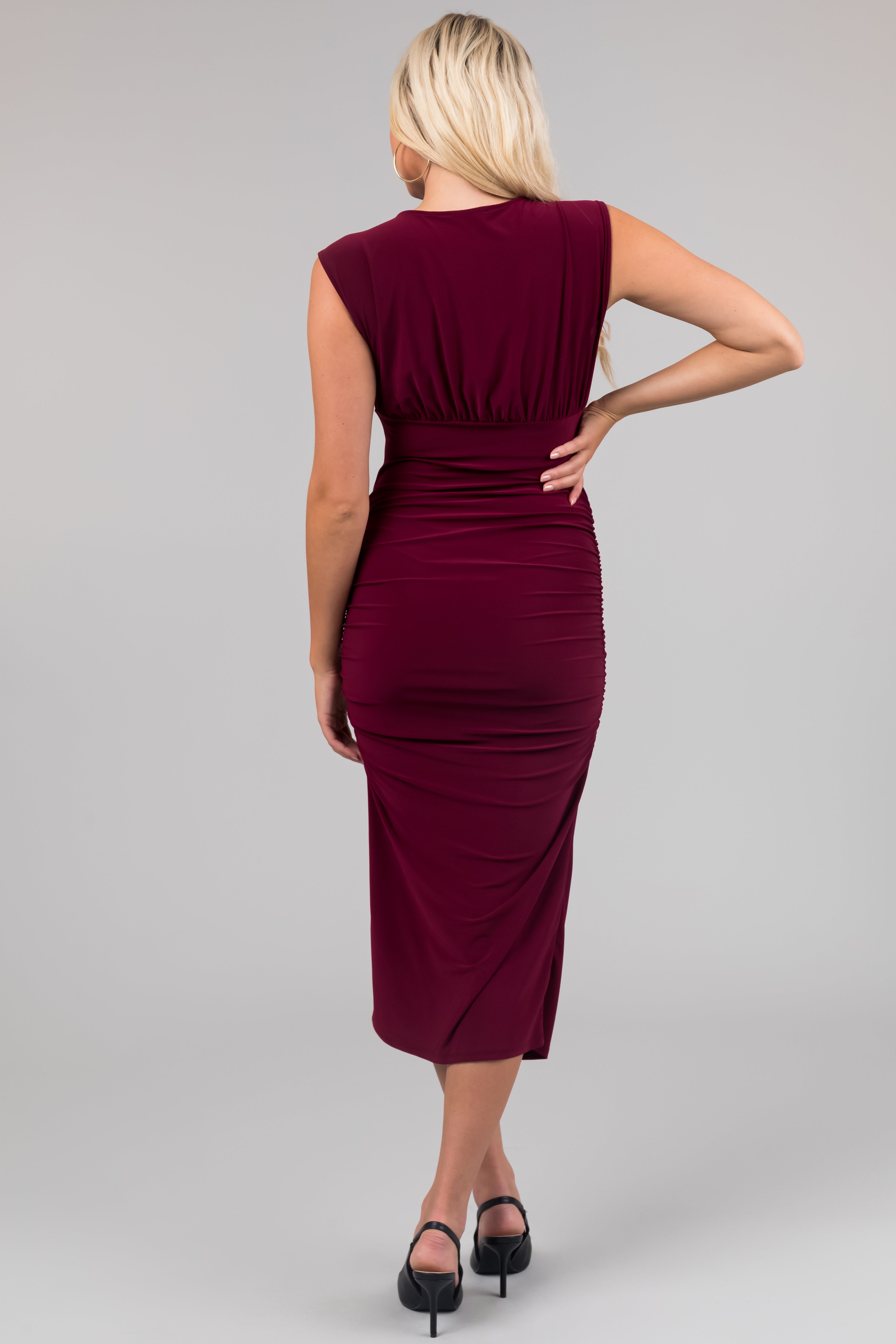 Dark Boysenberry Deep V Neck Bodycon Midi Dress