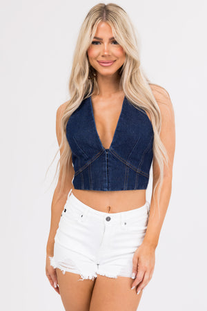 Dark Denim Deep V Halter Neck Crop Top