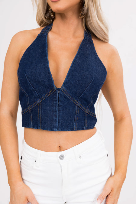 Dark Denim Deep V Halter Neck Crop Top