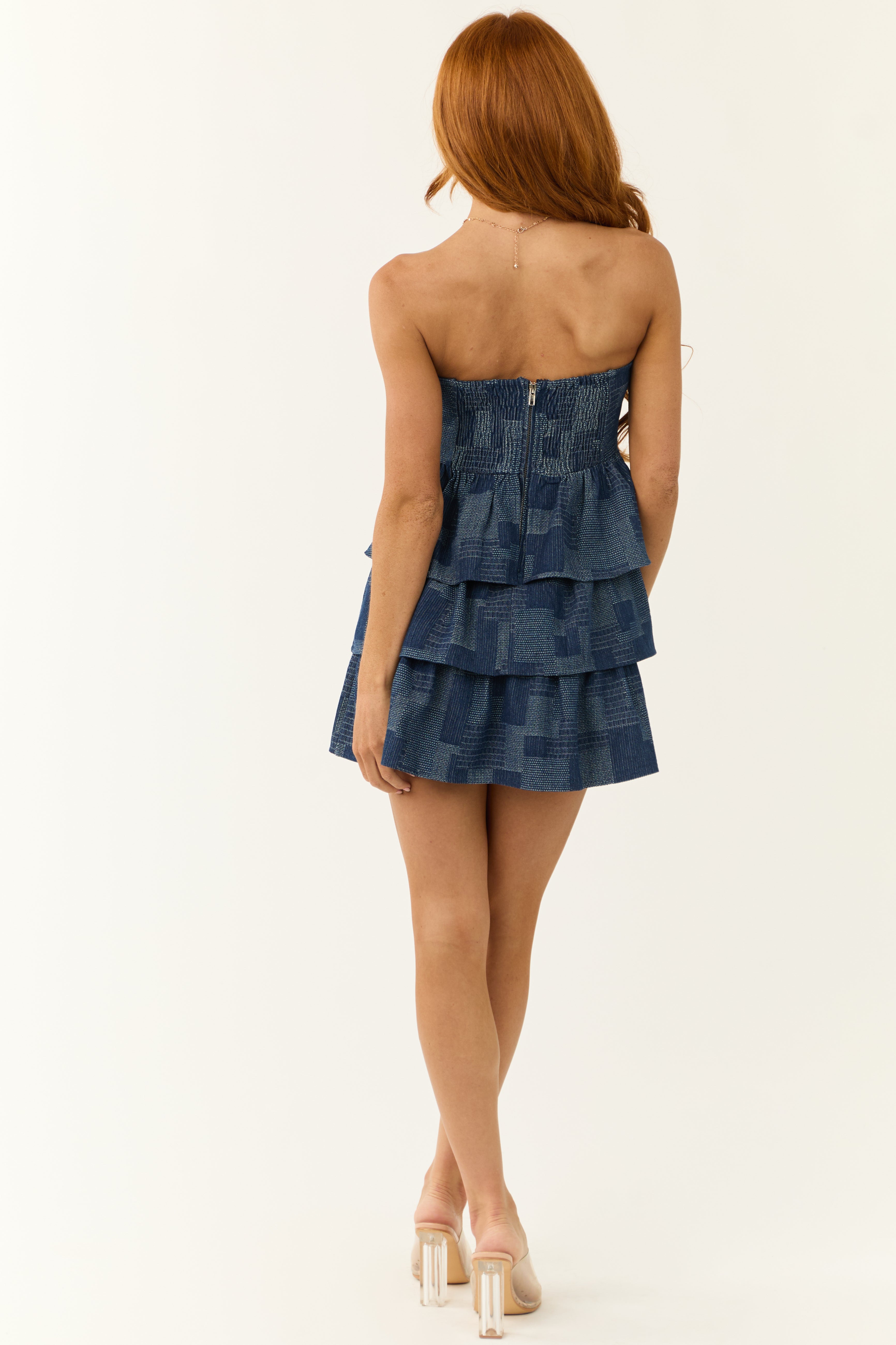 Dark Denim Patchwork Strapless Ruffle Dress