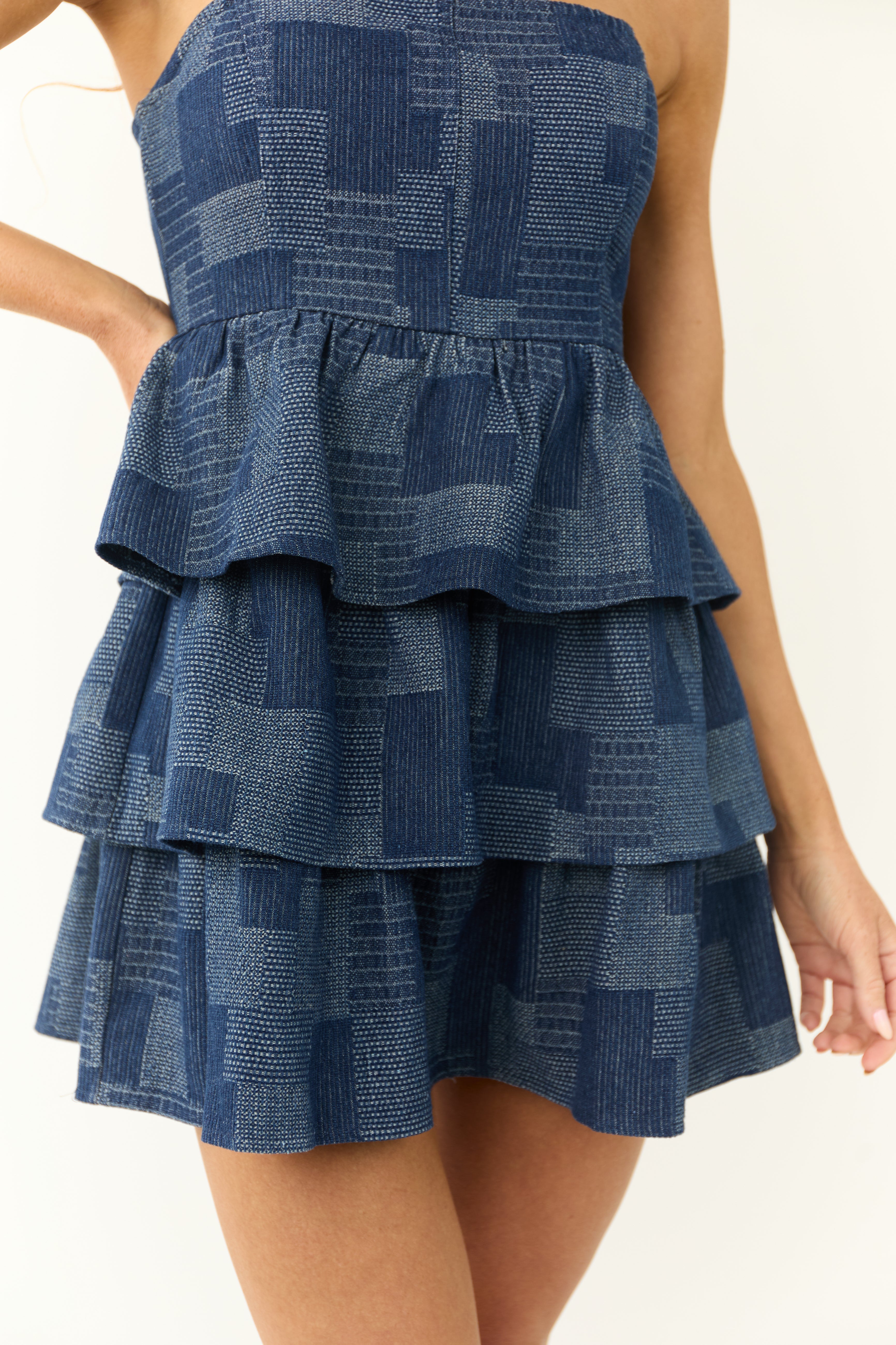 Dark Denim Patchwork Strapless Ruffle Dress