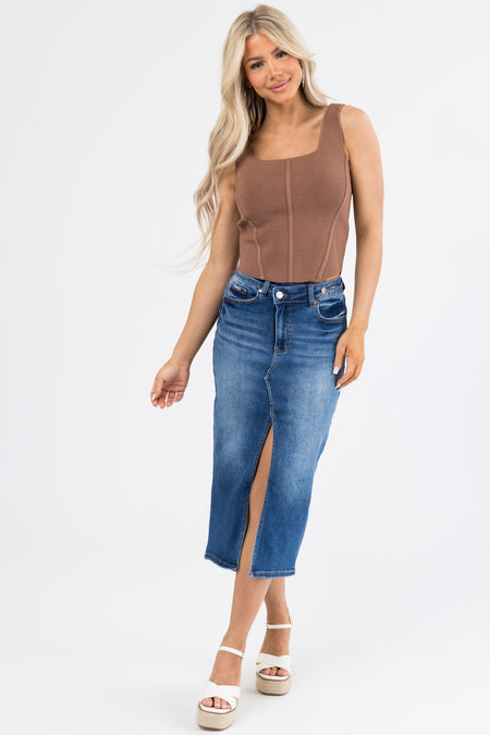 Dark Denim Slit Hem Crossover Midi Skirt