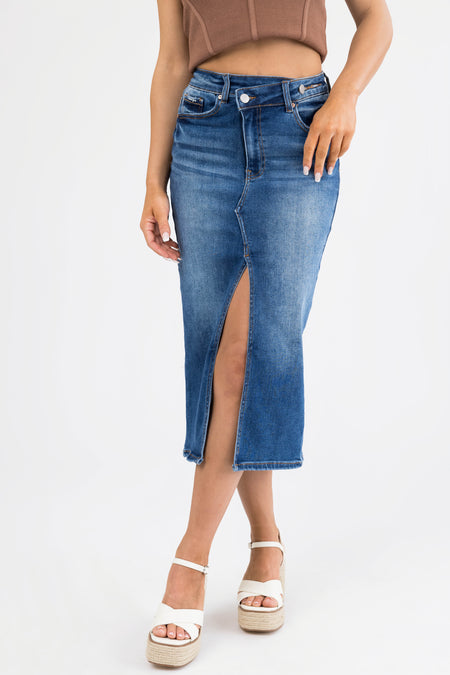 Dark Denim Slit Hem Crossover Midi Skirt