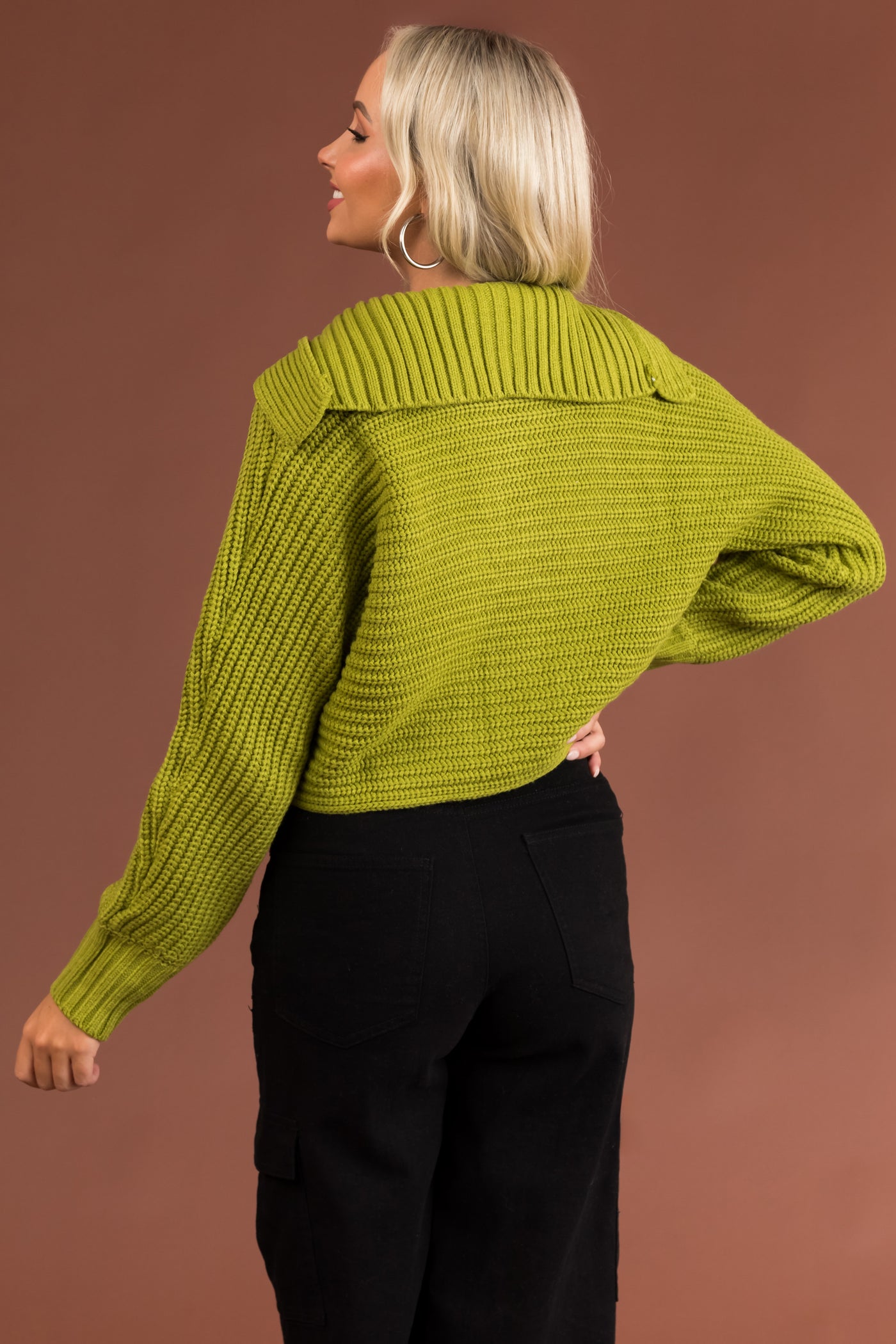 Dark Lime Collared V Neck Cropped Knit Sweater